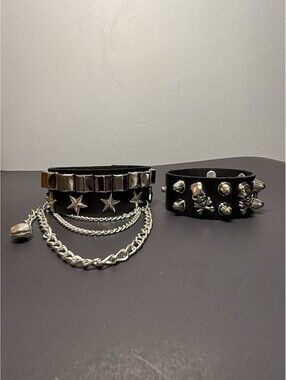 Black PU Leather Punk Goth Biker Emo Cuff Bracelets Studs Skulls Stars Chains